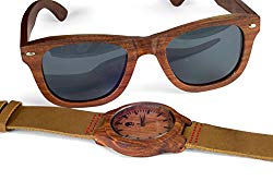 Men's Wood Watch - Wooden Sunglasses - Sandalwood Bezel - Genuine Leather - by Viable Harvest (Gift Set)