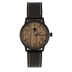 Viable Harvest Men’s Wood Watch Walnut Waterproof Black Steel Case Quartz Movement Genuine Leather Strap