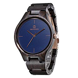 IWOODEN Ebony Wood Watch Analog Quartz Wrist Watch For Men Vintage Handmade Watch with Watch Box Gifts for Men (blue)