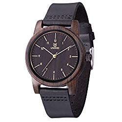 Wood Watch,BIOSTON Natural Handmade 40mm Size Black Sandalwood Leather Quartz Wooden Watches,Ebony Wood Wrist Watch Men