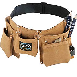 Real leather kids tool belt - woodworking gift set with children's belt pouch and two blue carpenter pencils