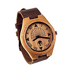 Viable Harvest Men’s Wood Watch, Unique Sundial Design, Natural Bamboo, Genuine Leather and Gift Box (Brown)