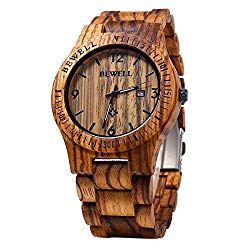 Bewell W086B Mens Wooden Watch Analog Quartz Lightweight Handmade Wood Wrist Watch (Zebra Wood)