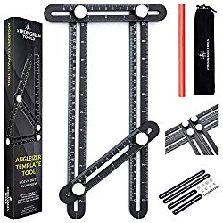 Strongman Tools | Heavy Duty Aluminum Angleizer Template Tool | Multi Angle Measuring Ruler | FREE Protective Pouch and FREE Builders Pencil