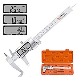 Digital Caliper 6 Inch Measuring Tool Stainless Steel Inch/MM/Fractions, Electronic Vernier Calipers Gauge for Woodworking Jewelry by REXBETI, Polished Silver