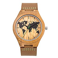 Sentai Men's World Map Wooden Watch, Handmade Natural Bamboo Wood, Genuine Leather Strap (Brown)