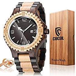 CUCOL Mens Black White Sandalwood Watch Japanese Quartz Movement Date Display Lightweight Vintage Wristwatch Groomsman Gift