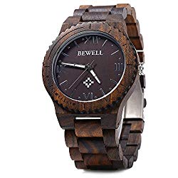 Bewell W065A Lightweight Vintage Wooden Watch Men Quartz Luminous Pointers Wrist Watch (Ebony Wood)