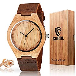 CUCOL Mens Wooden Watches Brown Cowhide Leather Strap Casual Watch for Groomsmen Gift with Box
