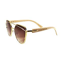 Derivative Flat Lens Cat Eye Bamboo Wooden Sunglasses (Gold, Gradient Brown)