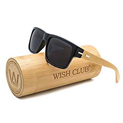 WISH CLUB Wood Square Handmade Sunglasses UV 400 Lenses Classical Style for Women and Men Adults Wooden Bamboo Vintage Light Retro Glasses (Grey)