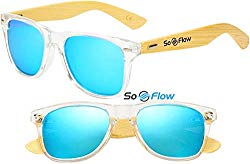 SoFlow Neon Blue Polarized Wood Sunglasses Men Women Mirrored Lightweight Wooden Bamboo Wayfarer UV-400 Clear Front Frame Medium/Large Blue Lens Sunglasses Prime Cool Beach Pool Driving Shades