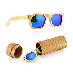 Polarized Genuine Bamboo lightweight Wood Entire Frame Wayfarer Vintage Handcraft Sunglasses Mens Womens Eyewear with Wooden Bamboo box - Blue