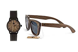 Viable Harvest Men’s Wood Walnut Watch with Matching Real Wooden Wayfarer Sunglasses and Gift Box