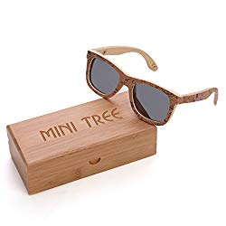 Mini Tree Retro Cork Sticker Bamboo Polarized Sunglasses Wayfarer Style Eyewear With Bamboo Case (Bamboo, Gray)