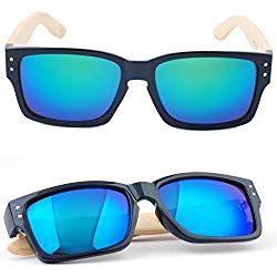 Dbzon Classic Look Bamboo Sunglasses by Bamboo Sunglasses for Men and Women, Wooden Sunglasses Arms w/Partial Plastic Frame | UV400 Rated Wood Frame Sunglasses; in Blue