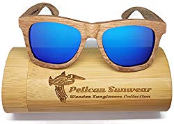 Wooden Polarized Sunglasses - Handmade Solid Real Dumu Wood Wayfarer Style w/Bamboo Case - 100% UV Protection - for Men and Women by Pelican Sunwear (natural, blue)