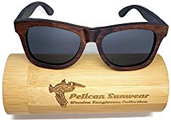 Wooden Polarized Sunglasses - Handmade Solid Real Dumu Wood Wayfarer Style w/Bamboo Case - 100% UV Protection - for Men and Women by Pelican Sunwear (brown, grey)