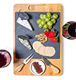 SPEShh Bamboo Slate Cheese Board Set with Cutlery and Drawer | 12pcs - 15" x 11" Wooden Cheese Charcuterie Platter, Serving Cutting Board with Ceramic Bowl, Knife, Marker and Chalk (Large)