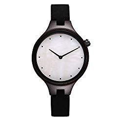 Wood Watch, Bosan Wrist Watch for Women Unique Shell Dial Genuine Leather Strap Fashion Analog Quartz Wooden Watch (Black)