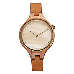 Wood Watch, Bosan Wrist Watch for Women Unique Shell Dial Genuine Leather Strap Fashion Analog Quartz Wooden Watch (Olive Wood)