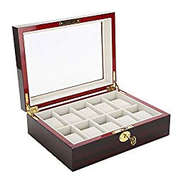 Estink Watch Storage Case, 10/12 Slots Grid Wooden Watch Display Case Storage Box Holder Organizer for Watch Jewelry Men and Women (10 Slots)