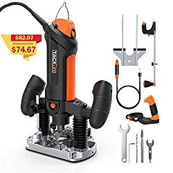 TACKLIFE Plunge and Fixed Base Router, 30,000RPM Compact Router Kit, 6 Variable Speed Router Tool, 1/8" Flex Shaft, 1/4", 6mm Collets, Auxiliary Handle, Compass for DIY - PTR01A