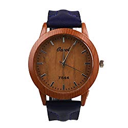 Auntwhale Wooden Watch Dial Wood Watch Leather Strap wrist watch Quartz Analog watch Retro casual Big dial watch Blue