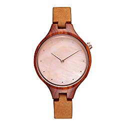 Wood Watch, Bosan Wrist Watch for Women Unique Shell Dial Genuine Leather Strap Fashion Analog Quartz Wooden Watch (red Sandalwood)