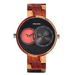 Mens Double Dial Wrist Watches, Unisex Lightweight Red Sandalwood Watch Luxury Two Time Zone Quartz Gift Watches (Red)