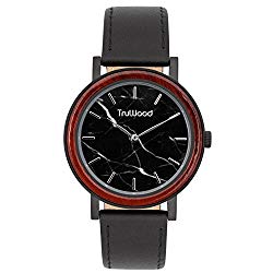 TruWood Black Watch with Red Wooden Bezel and Black Marble Dial