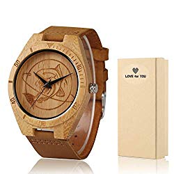 Fish Dial Design Wood Watch for Women Mens Christmas Gift Leather Quartz Wooden Clock