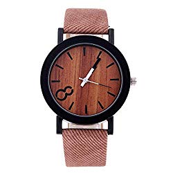 alignmentpai Casual Wooden Wrist Watch Grain Round Dial Faux Leather Band Analog Display Quartz Watch Xmas Gifts Light Coffee