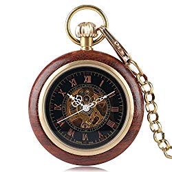 Roman Numeral Skeleton Watches Mechanical Wooden Case Pocket Watch, Gift for Men