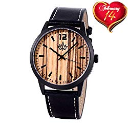 Wood Watch for Men - Matte Black Stainless Steel Case w/Leather Strap Large Easy Read Face. Waterproof! Sport Elegant. Japanese Quartz Movement. Bonus Credit Card Holder. Gift Box.