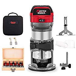 6.5-Amp 1.25 HP Compact Router with Fixed Base, 5 Trim Router Bits, Variable Speed, Edge Guide, Roller Guide and Dust Hood, 2 LED Lights, Masterworks MW104
