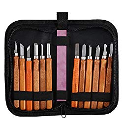 Wood Carving Tool Kit FJSM 12Pcs Wood Carving Set Woodworking Tool Set Knife Carving Chisels Tools +1 Whetstone Sculpture Sculpting for DIY Project Pumpkin Platter Black Storage Case