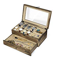 RooLee Watch Box Case, Rustic Wooden Jewelry Box Organizer, 10 Versatile Slots with 8 Removable Watch Pillows