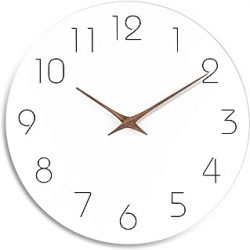 Mosewa Reloj de pared de 10 pulgadas, silencioso, de madera, sin tictac, funciona con pilas, de madera, blanco, moderno, moderno, minimalista, decorativo, para cocina, hogar, baño, sala de estar