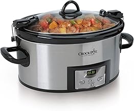 Crock-Pot Olla de cocción lenta programable de 6 cuartos de galón con temporizador digital, acero inoxidable (CPSCVC60LL-S), ideal para cocinar portátil