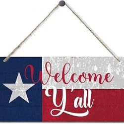 Letrero decorativo de madera con texto en inglés "Welcome Y'all", letrero colgante de madera para pared, letrero colgante de madera, bandera de Texas, letrero de bienvenida para puerta delantera,
