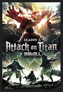 BUY ART FOR LESS Póster artístico musical enmarcado de la temporada 2 de Attack on Titan de 24 x 36 pulgadas, marco de madera resistente con vidrio de plexigli, listo para colgar