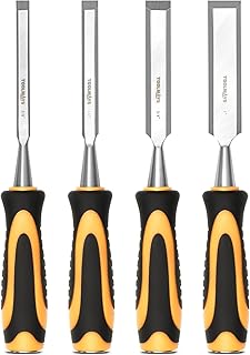 Juego de cinceles de madera de 4 piezas, cuchillas de acero al carbono con mango ergonómico, 3/8" 1/2" 3/4" 1" para carpintería, tapa de metal duradera