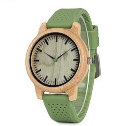 BOBO BIRD Reloj de madera de bambú neutro grande unisex japonés analógico de cuarzo verde correa de silicona deportiva casual con caja de madera para hombre y mujer, Verde, Deporte