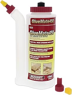 Milescraft 5223 Glue Mate - Botella de pegamento para madera de precisión de 15.2 fl oz (15.2 fl oz), antigoteo, puntas de clavija y galletas incluidas, diseño de múltiples cámaras de fácil flujo,
