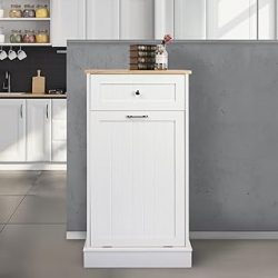 Armario de basura inclinable, isla de cocina de estilo antiguo con mesa y cajón de madera maciza, bote de basura a prueba de mascotas, armario de lavandería de madera (blanco)