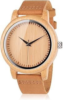 BOBO BIRD Reloj de madera de bambú para hombre y mujer con correa de cuero de vaca marrón, relojes casuales de cuarzo analógico