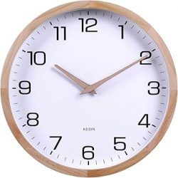 Kesin Reloj de pared silencioso redondo de madera de 12 pulgadas, reloj de pared de madera blanca, analógico, digital, funciona con pilas, sin tictac, para sala de estar, cocina, dormitorio, oficina,