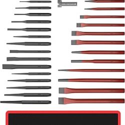 AMM Juego de 28 perforadores y cinceles resistentes, incluyendo punzón cónico, cinceles fríos, perforador y punzón central, Cr-V, ideal para trabajar con madera, metal, automoción, escultura, etc