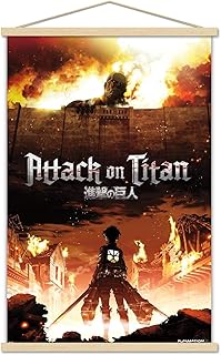 Trends International Attack on Titan - Póster de pared de fuego, 22.375 x 34 pulgadas, paquete de impresión y colgador de madera de haya